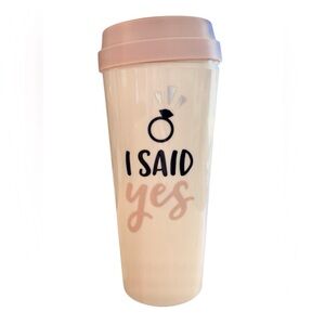 “I Said Yes” Travel Tumbler Plastic Beige Pink Slide Lock Lid Novelty 500ml